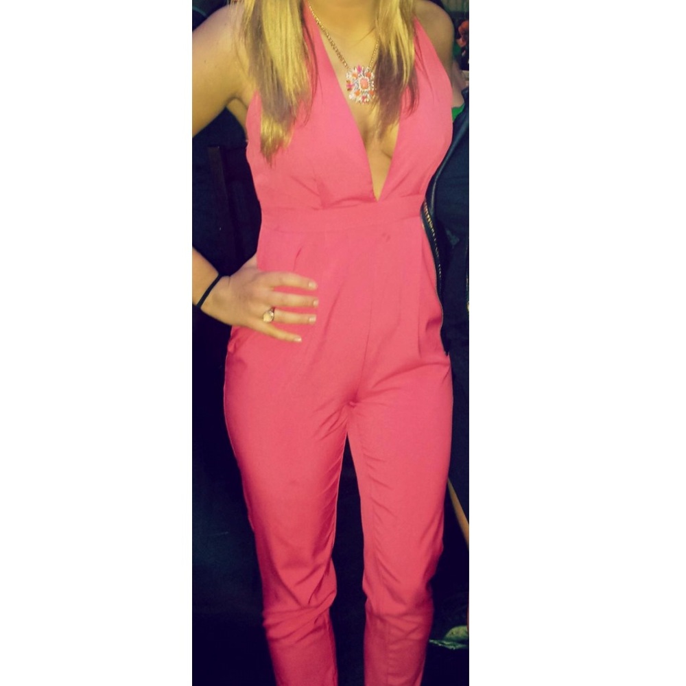 Worn once hot pink, low neck jumpsuit